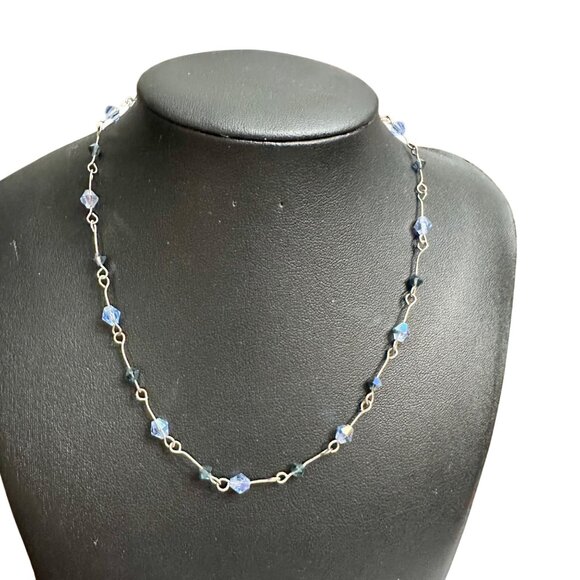 Necklace Jewlery Statement 18" Silver Tone Blue Beads Signed - Picture 1 of 6